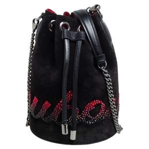 Christian Louboutin Black Suede Crystal Embellished Logo Marie Jane Bucket Bag