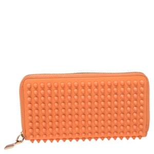 Christian Louboutin Coral Orange Leather Spikes Panettone Zip Around Wallet