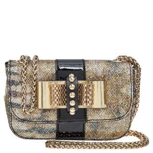 Christian Louboutin Gold/Black Glitter and Leather Mini Spiked Sweet Charity Crossbody Bag
