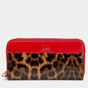 Christian Louboutin Red/Brown leather and Leopard Print Patent Leather Zip Around Wallet