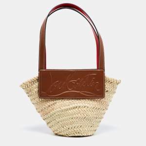 Christian Louboutin Brown/Cream Woven Raffia and Leather Small Loubishore Tote