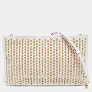 Christian Louboutin White/Gold Leather Spikes Loubiposh Chain Clutch