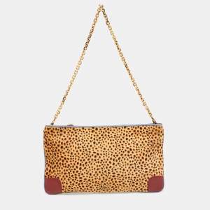 Christian Louboutin Beige Leopard Print Calfhair and Leather Loubiposh Chain Clutch