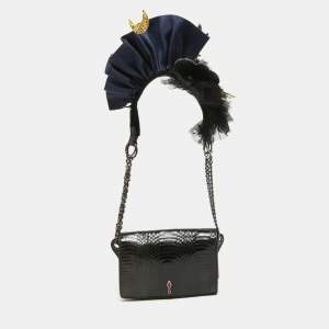 Christian Louboutin Black Watersnake Leather Flap Embellished Chain Bag