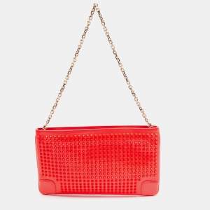 Christian Louboutin Neon Coral Orange Patent Leather Loubiposh Spike Chain Clutch
