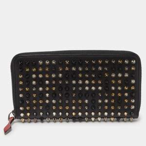 Christian Louboutin Black Leather Spikes Panettone Zip Around Wallet