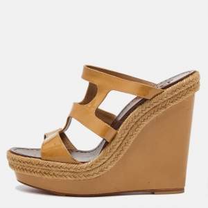 Christian Louboutin Beige Patent Leather Salamca Wedge Espadrille Platform Sandals Size 39