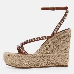 Christian Louboutin Brown Leather Mafaldina Espadrille Wedge Sandals Size 38