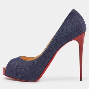 مملوكة مسبقًا Christian Louboutin Blue Denim Very Prive Platform Peep Toe Platform Pumps Size 40
