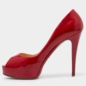 Christian Louboutin Red Patent Leather Lady Page Platform Peep Toe Pumps Size 41.5