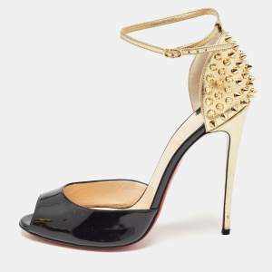 Christian Louboutin Black/Gold Patent Leather Pina Spike Sandals Size 39