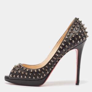 Christian Louboutin Black Leather Yolanda Spikes Pumps Size 38.5