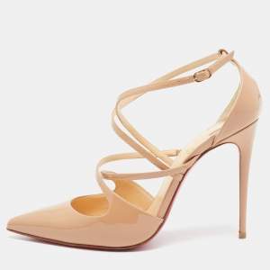 Pre Owned Christian Louboutin Beige Patent Leather Crossfliketa Pumps Size 37
