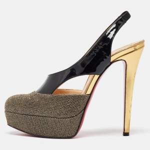 Christian Louboutin Black/Gold Patent and Mesh Platform Slingback Pumps Size 37