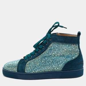 Pre Owned Christian Louboutin Green  Suede Louis Strass High Top Sneakers Size 40