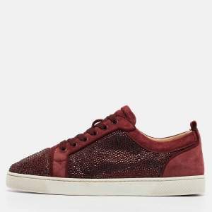Christian Louboutin Burgundy Suede Louis Junior Strass Low Top Sneakers Size 42.5