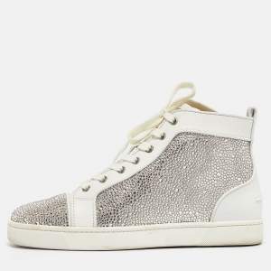 Christian Louboutin White Leather and Crystal Louis Strass High Top Sneakers Size 40