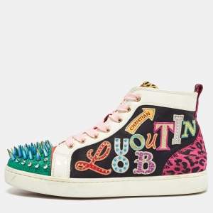 Pre Owned Christian Louboutin Multicolor Suede and Patent  Lou Spikes High Top Sneakers Size 40
