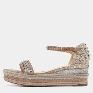 Christian Louboutin Beige Texture Suede and Raffia  Pyraclou Wedge Sandals Size 37