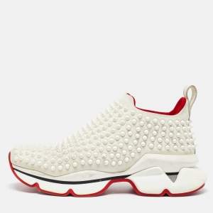 Christian Louboutin White Neoprene Spike Sock Slip On Platform Sneakers Size 38