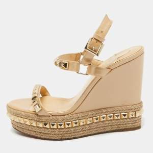 Christian Louboutin Beige Patent Leather Pyraclou Rockstud Platform Ankle Wrap Sandals Size 40