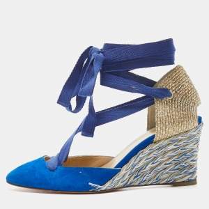 Christian Louboutin Blue/Gold Raffia and Suede Wedge Pumps Size 36