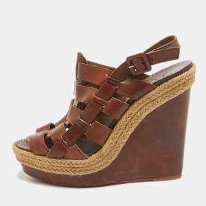 Christian Louboutin Brown Leather Espadrille Wedge Strappy Slingback Sandals Size 39