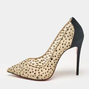 Christian Louboutin Beige/Black Mesh and Suede Follies Lace Pumps Size 38