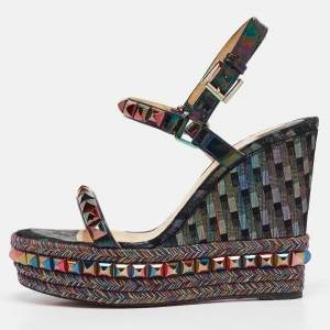 Christian Louboutin Multicolor Patent Leather Pyraclou Wedge Sandals Size 38