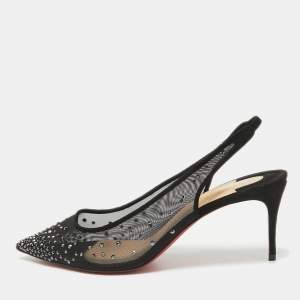 Christian Louboutin Black Mesh Follies Strass Slingback Pumps Size 39.5