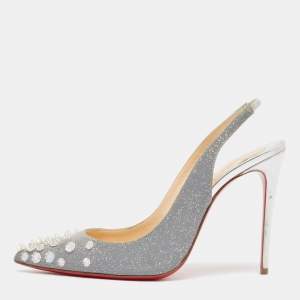 مملوكة مسبقًا Christian Louboutin Grey Glitter Leather Drama Spikes Pumps Size 38