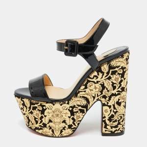 Christian Louboutin Black/Gold Patent Leather Bella Tige Floral Platform Sandals Size 36