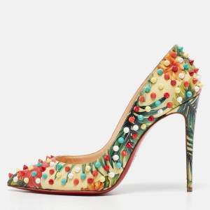 Christian Louboutin Multicolor Hawaiin Print Patent Leather Pigalle Follies Spikes Pumps Size 40