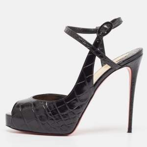 Christian Louboutin Black Embossed Croc Jenlove Alta Sandals Size 38