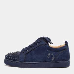Pre Owned Christian Louboutin Navy Blue Suede Louis Junior Spikes Low Top Sneakers Size 39.5