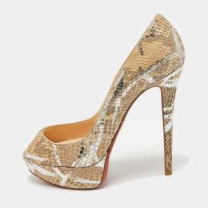 Christian Louboutin Beige/Silver Python Lady Peep Toe Pumps Size 38