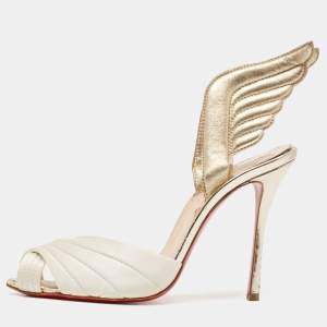 Christian Louboutin White/Gold Satin and Leather Samotresse Sandals Size 38