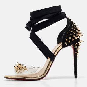 Christian Louboutin Black Suede and PVC Barbarissima Spike Wrap Sandals Size 38