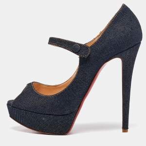 Christian Louboutin Navy Blue Denim Zeppa Mary Jane Pumps Size 39