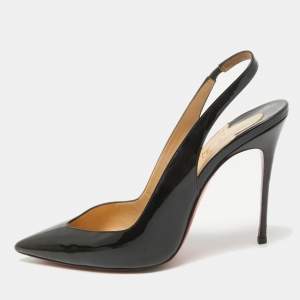 Christian Louboutin Black Patent Leather Fleuve Slingback Pumps Size 40.5