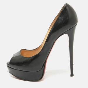Christian Louboutin Black Patent Leather Lady Peep  Pumps Size 38