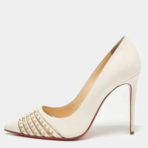 Christian Louboutin White Leather Spiked Bareta Pumps Size 37.5