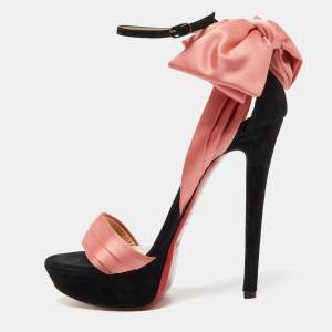Christian Louboutin Coral/Black Satin and Suede Bow Vampanodo Sandals Size 38.5