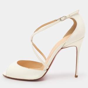 Pre Owned Christian Louboutin White Patent Leather Cross Blake Ankle Strap Sandals Size 38.5