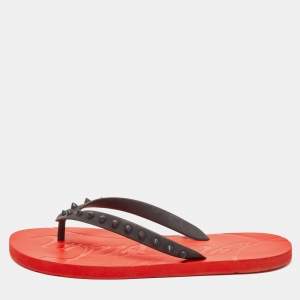 Christian Louboutin Black/Red Rubber Loubi Flip Thong Flat Slides Size 41
