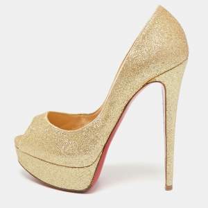 Christian Louboutin Metallic Gold Glitter Lady Peep Platform Pumps Size 36