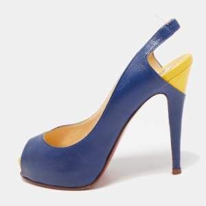 Christian Louboutin Navy Blue/Yellow Leather No Prive Peep-Toe Slingback Sandals Size 36