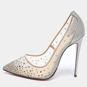Christian Louboutin Grey/Beige Leather and Mesh Follies Resille Pumps Size 37