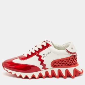 Christian Louboutin White/Red Leather and Rubber Loubishark Lace Up Sneakers Size 39.5