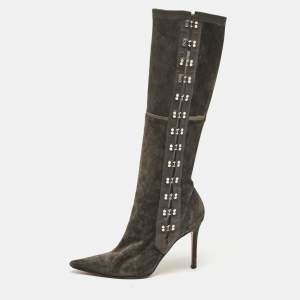 Christian Louboutin Grey Leather and Suede Knee Length Boots Size 37